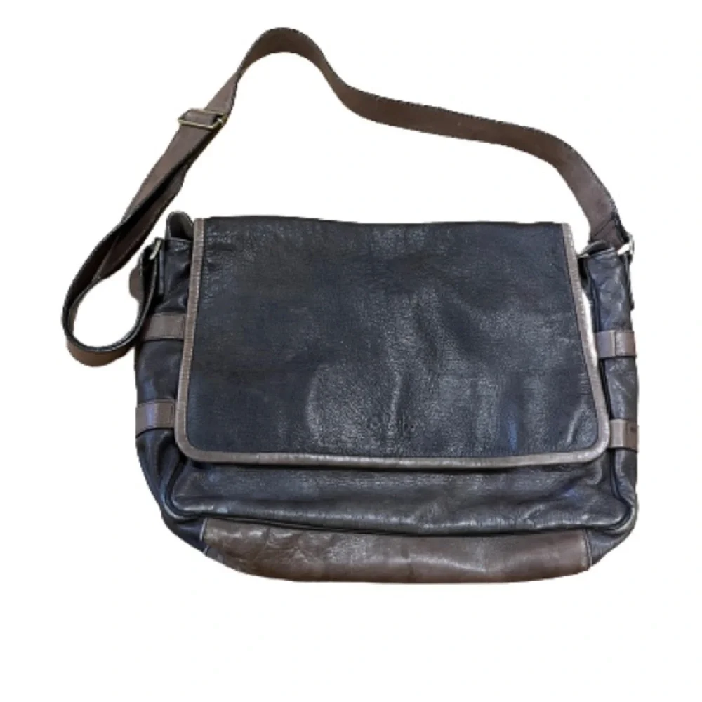 Cole Haan Two-Tone Brown Distressed Pebbled Leather Messenger Bag - Unisex